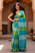 Pure Linen Zari Border Chex Print Saree With Unstitched Blouse(Green)