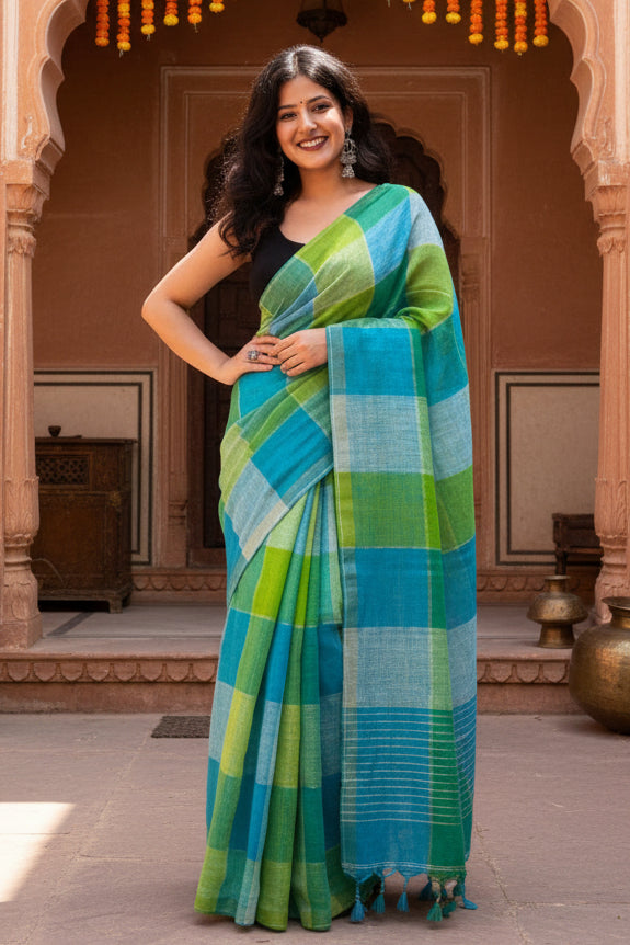 Pure Linen Zari Border Chex Print Saree With Unstitched Blouse(Green)