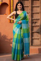 Pure Linen Zari Border Chex Print Saree With Unstitched Blouse(Green)
