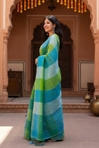 Pure Linen Zari Border Chex Print Saree With Unstitched Blouse(Green)