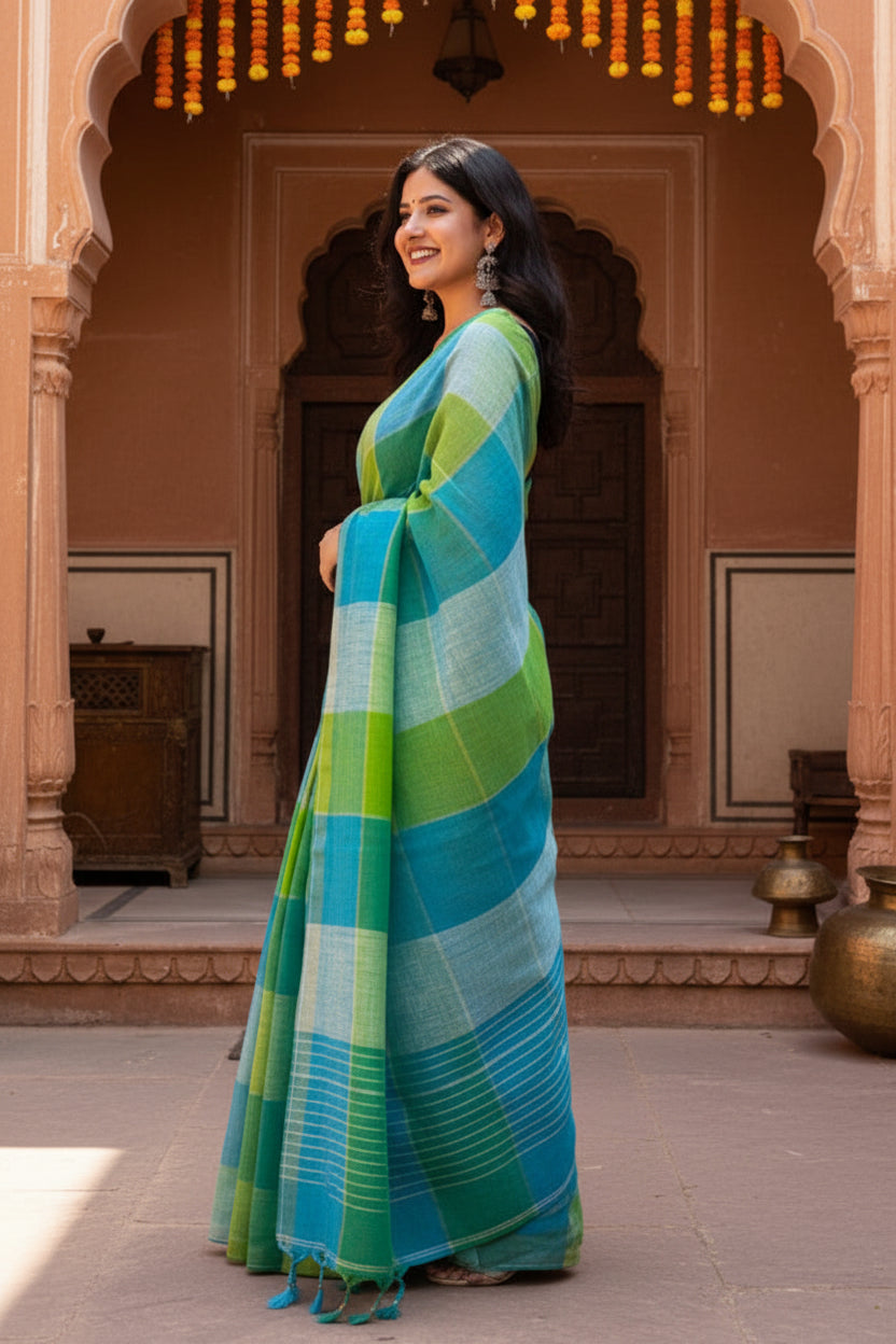 Pure Linen Zari Border Chex Print Saree With Unstitched Blouse(Green)