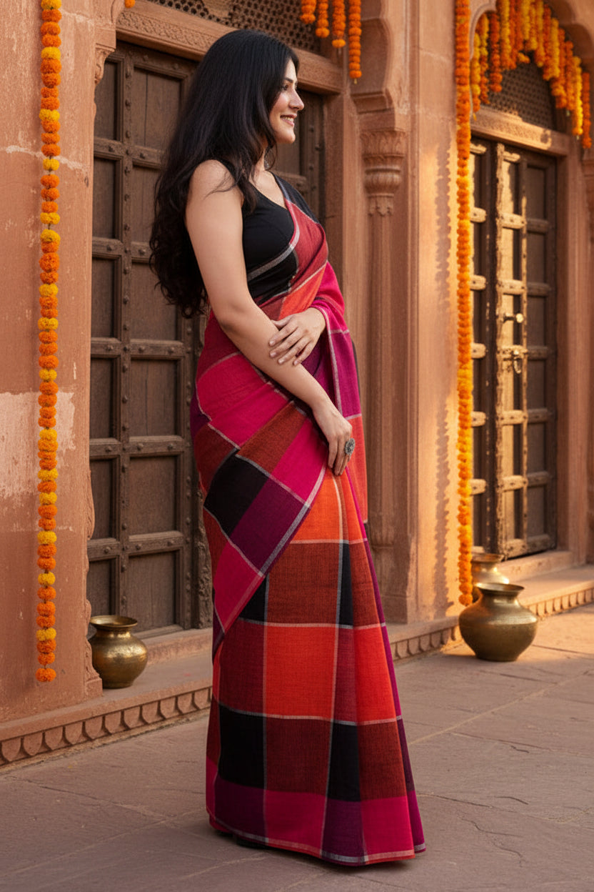 Pure Linen Zari Border Chex Print Saree With Unstitched Blouse(Maroon)