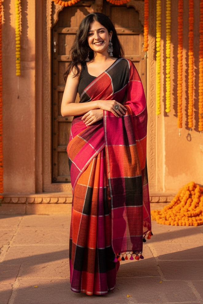 Pure Linen Zari Border Chex Print Saree With Unstitched Blouse(Maroon)