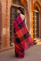 Pure Linen Zari Border Chex Print Saree With Unstitched Blouse(Maroon)