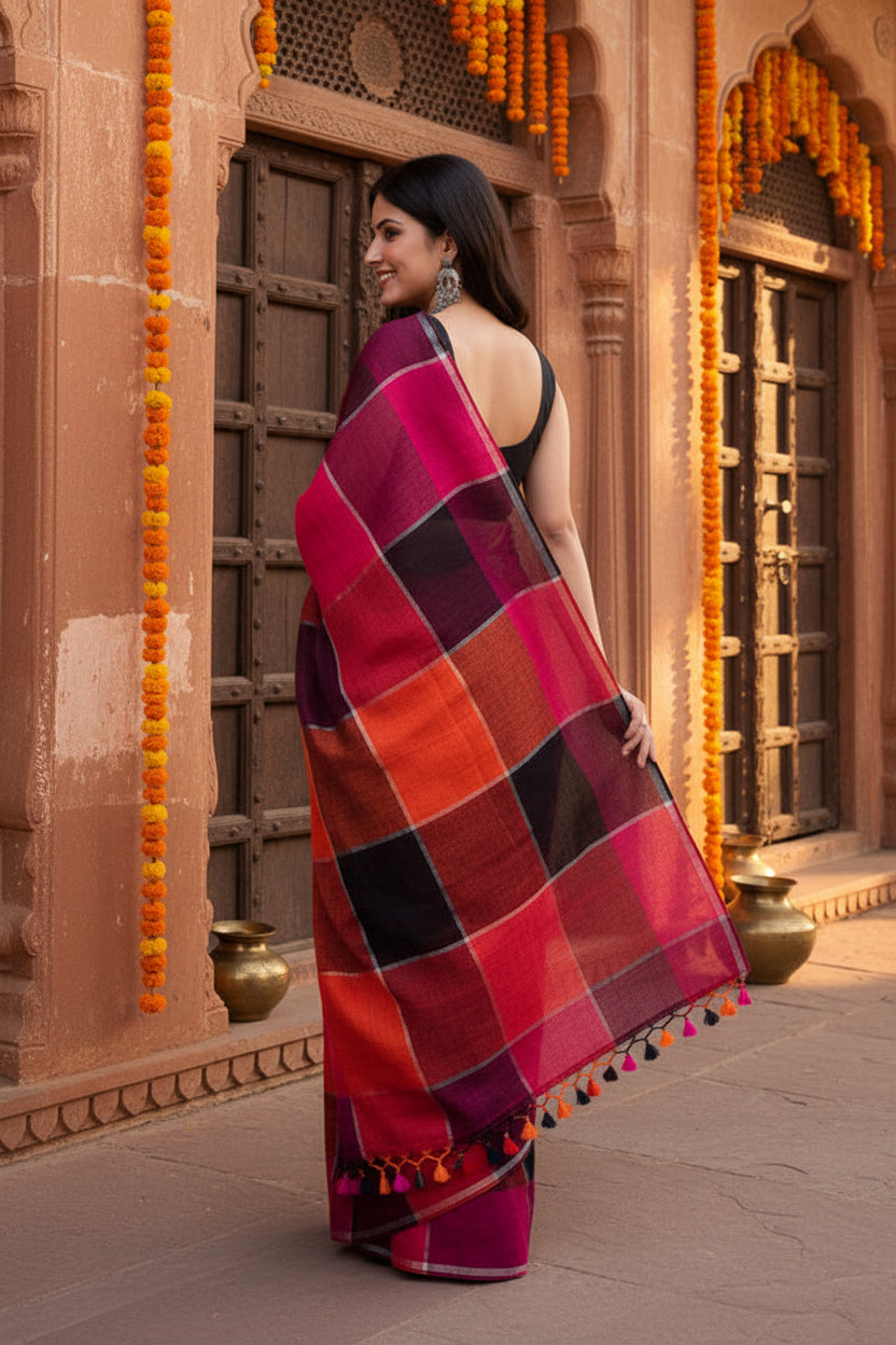 Pure Linen Zari Border Chex Print Saree With Unstitched Blouse(Maroon)