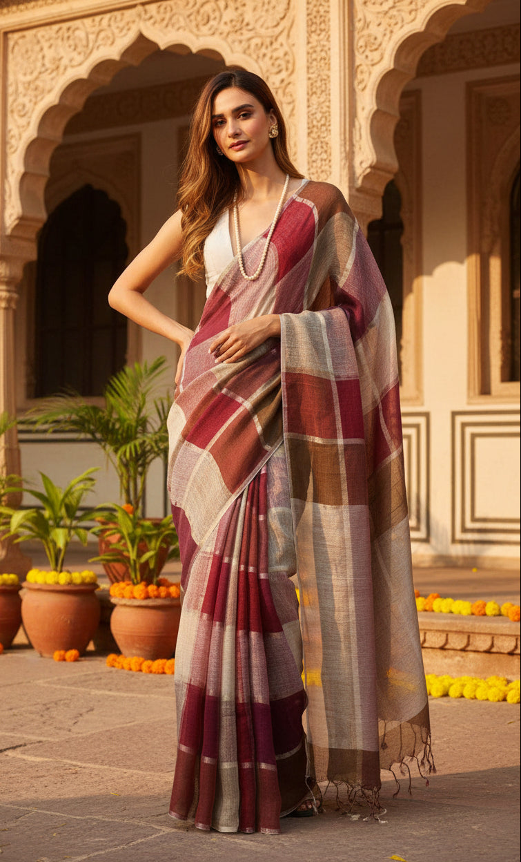 Pure Linen Zari Border Chex Print Saree With Unstitched Blouse(Brown)