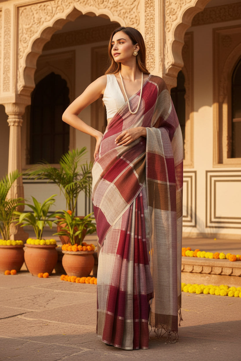 Pure Linen Zari Border Chex Print Saree With Unstitched Blouse(Brown)