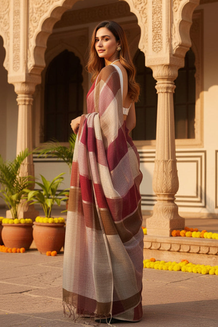Pure Linen Zari Border Chex Print Saree With Unstitched Blouse(Brown)