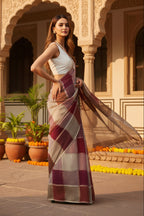 Pure Linen Zari Border Chex Print Saree With Unstitched Blouse(Brown)