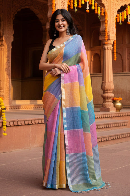 Pure Linen Zari Border Chex Print Saree With Unstitched Blouse(Multicolor)