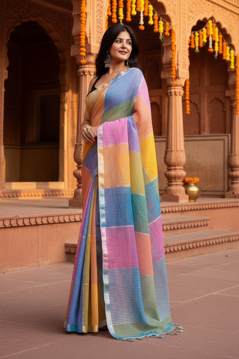 Pure Linen Zari Border Chex Print Saree With Unstitched Blouse(Multicolor)