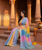 Pure Linen Zari Border Chex Print Saree With Unstitched Blouse(Multicolor)