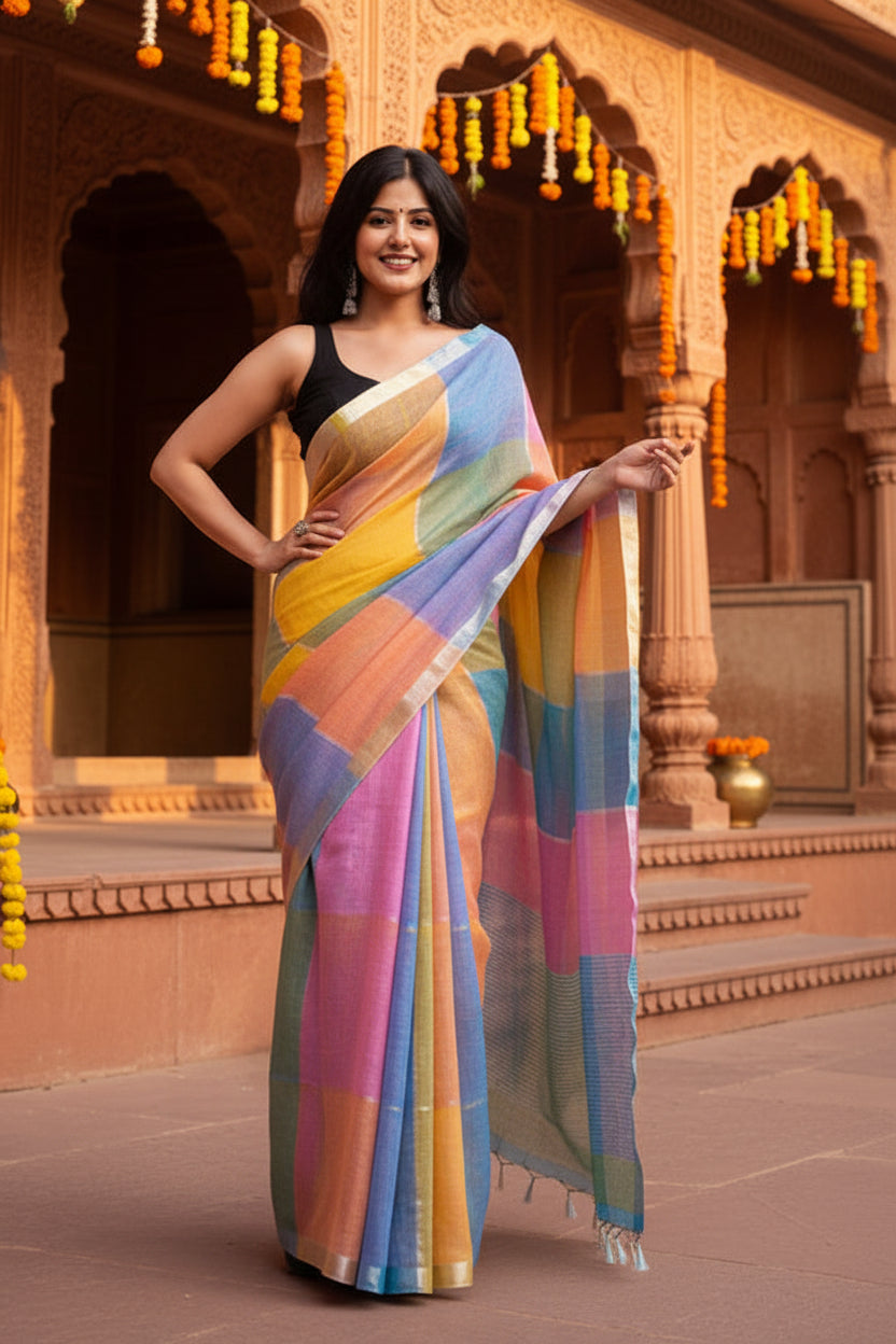 Pure Linen Zari Border Chex Print Saree With Unstitched Blouse(Multicolor)