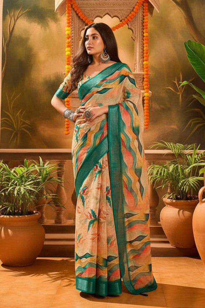 Linen Floral-Printed Saree With Unstitched Blouse (Mustard)