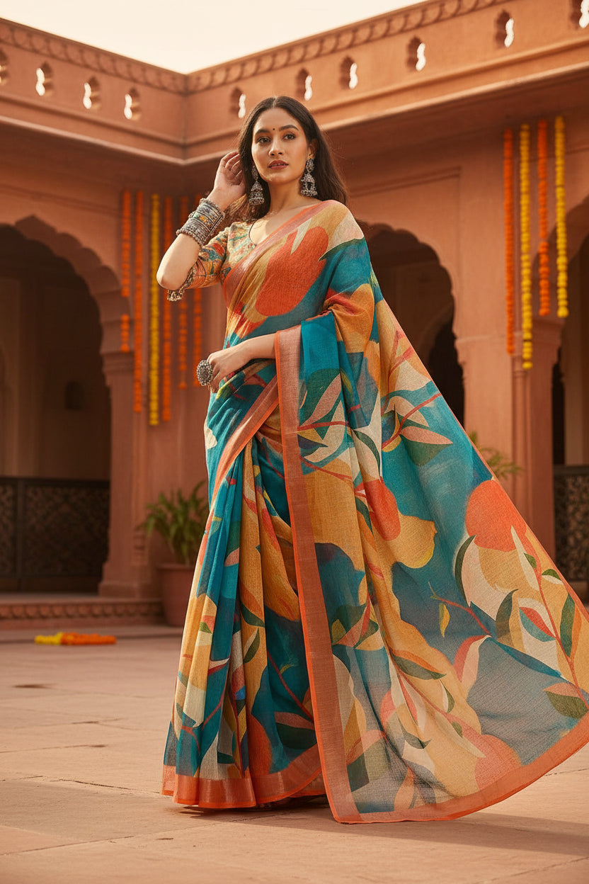 Cotton Linen Printed Sarees With unstitched Blouse(Multicolor)