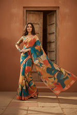 Load image into Gallery viewer, Cotton Linen Printed Sarees With unstitched Blouse(Multicolor)
