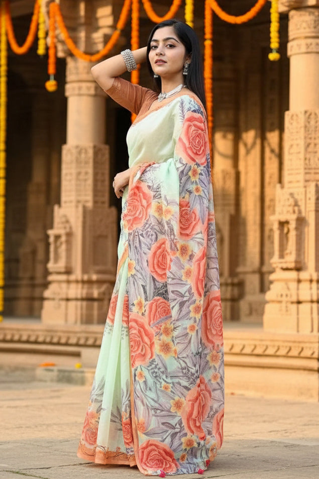 Linen Floral Printed Saree With Unstitched Blouse(Green)