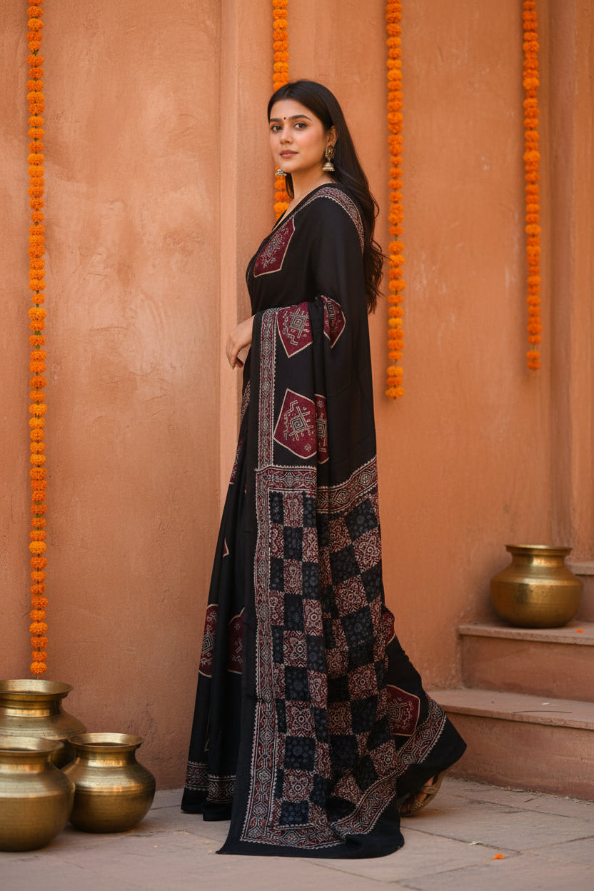 Muslin ajrakh digital printed saree with unstitched blouse(black)