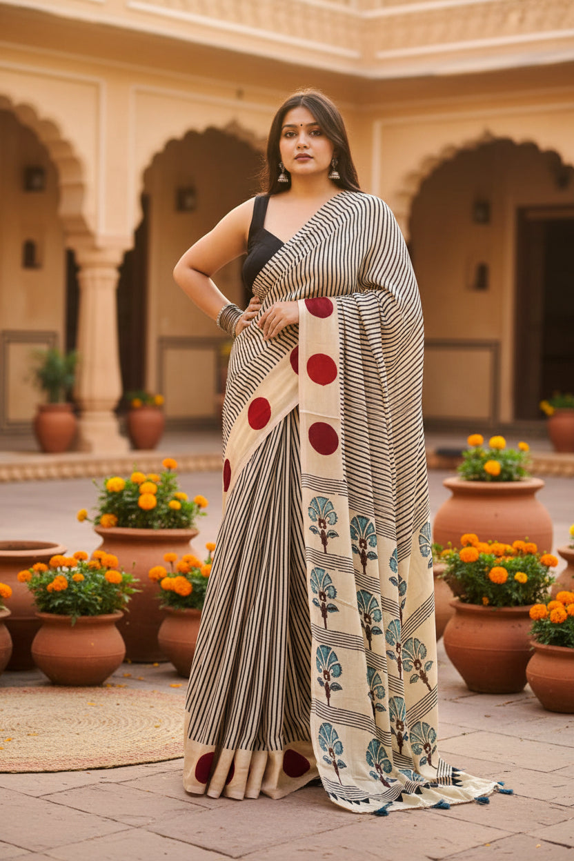 Muslin Ajrakh Digital Printed Saree With Unstitched Blouse(White)