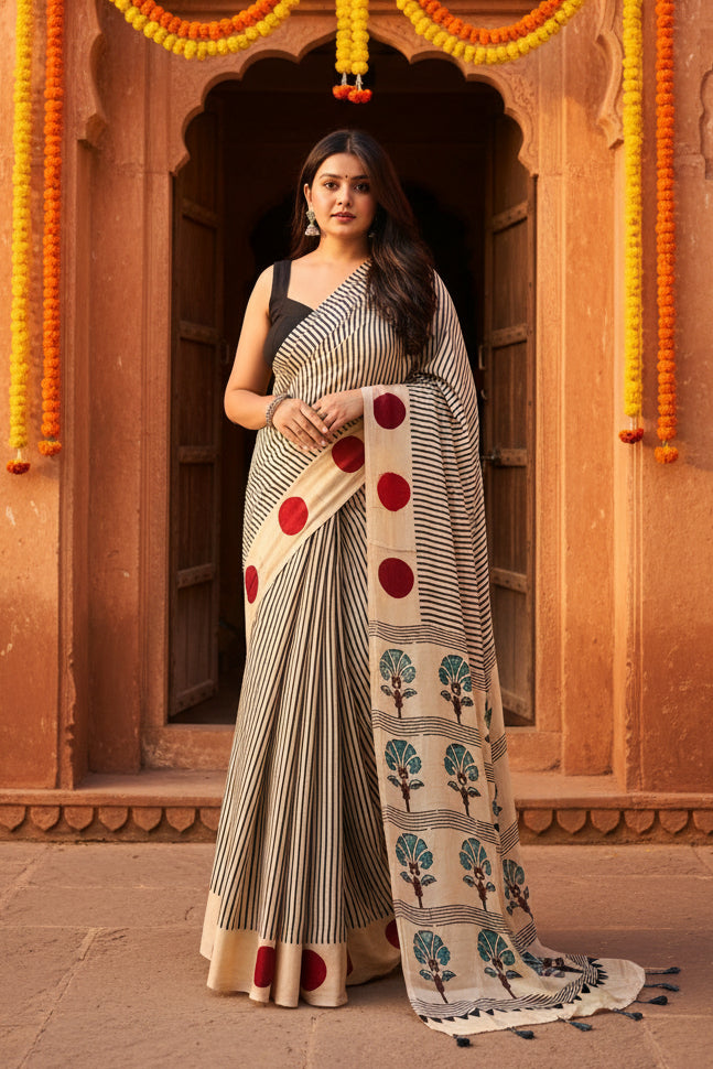Muslin Ajrakh Digital Printed Saree With Unstitched Blouse(White)
