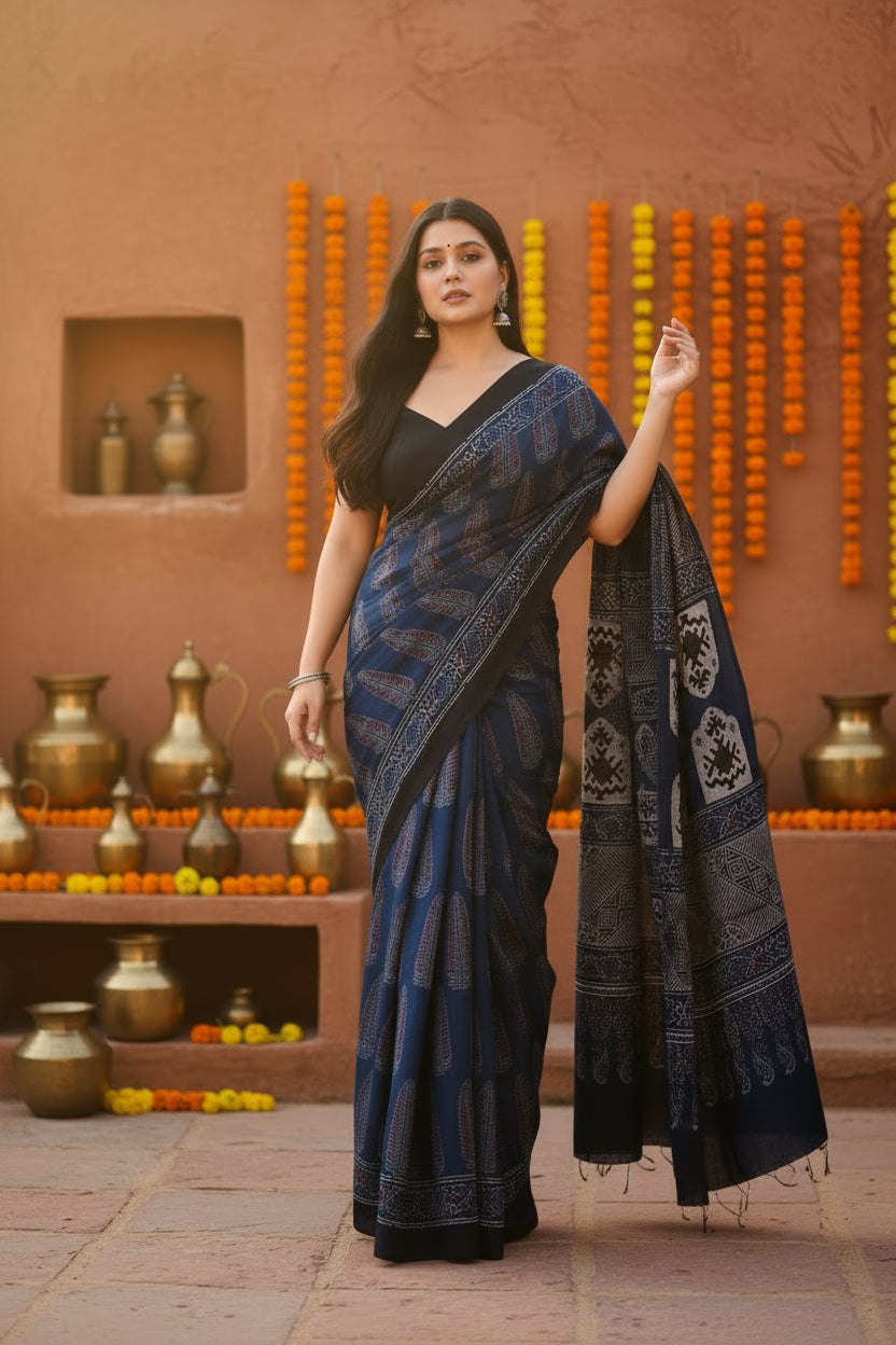 Muslin ajrakh digital printed saree with unstitched blouse(blue)