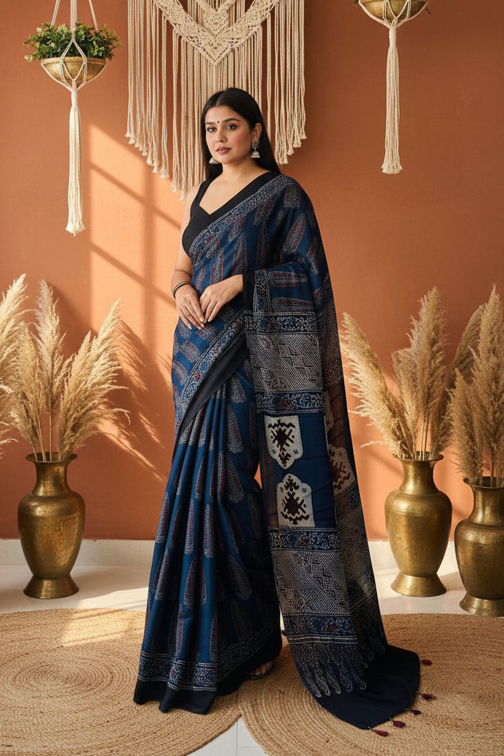 Muslin Ajrakh Digital Printed Saree With Unstitched Blouse(Blue)