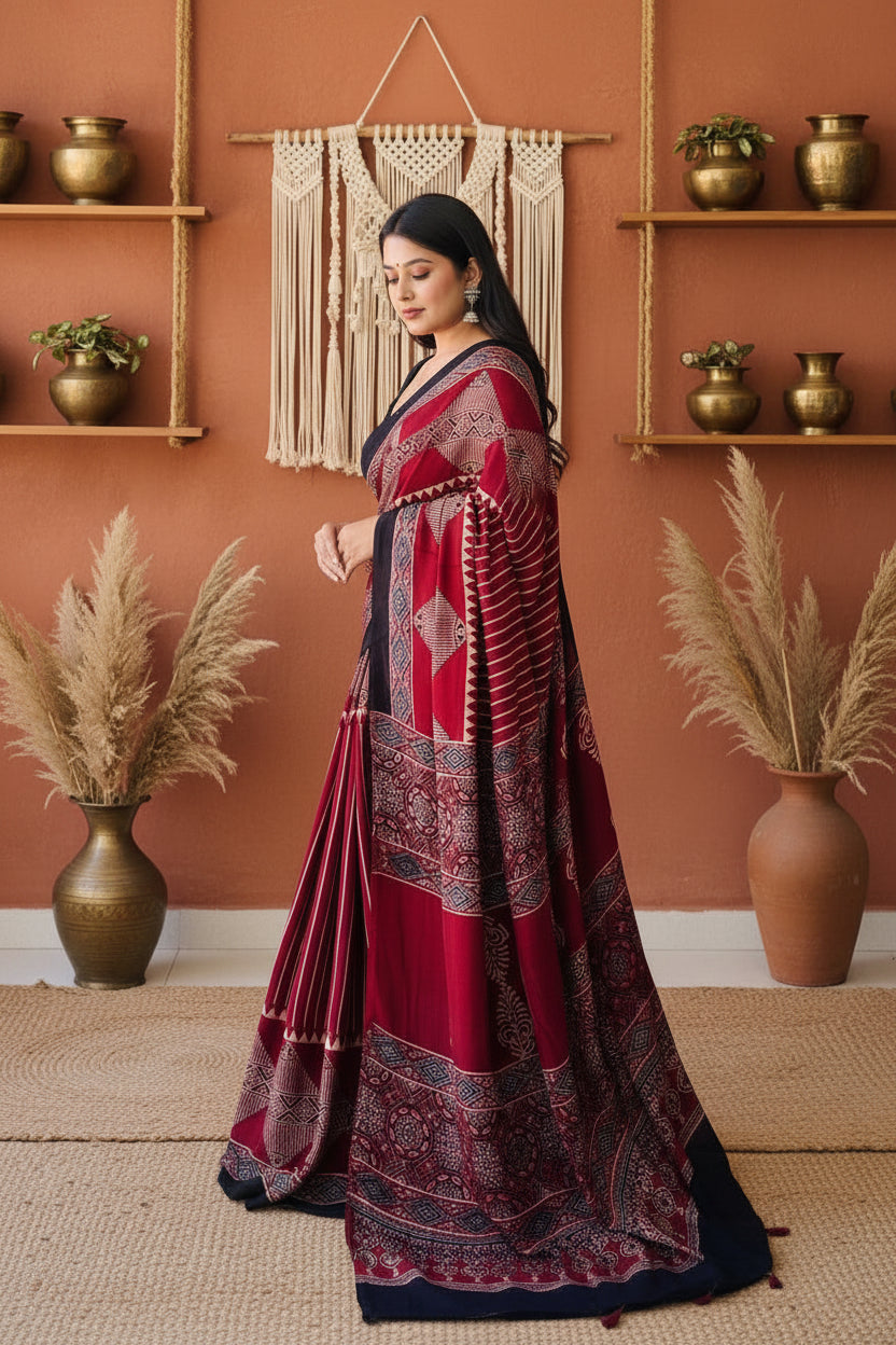 Muslin Ajrakh Digital Printed Saree With Unstitched Blouse(Red)
