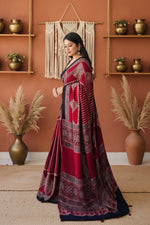 Load image into Gallery viewer, Muslin Ajrakh Digital Printed Saree With Unstitched Blouse(Red)
