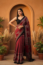 Load image into Gallery viewer, Muslin Ajrakh Digital Printed Saree With Unstitched Blouse(Red)
