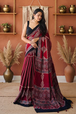 Load image into Gallery viewer, Muslin Ajrakh Digital Printed Saree With Unstitched Blouse(Red)
