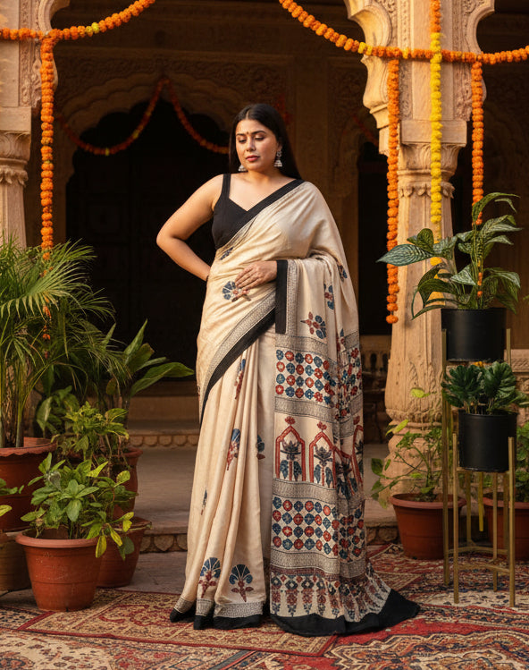 Muslin Ajrakh Digital Printed Saree With Unstitched Blouse(Off White)