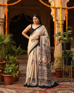 Load image into Gallery viewer, Muslin Ajrakh Digital Printed Saree With Unstitched Blouse(Off White)
