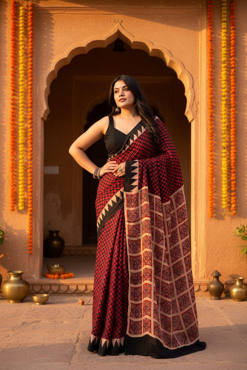 Muslin Ajrakh Digital Printed Saree With Unstitched Blouse(Maroon)