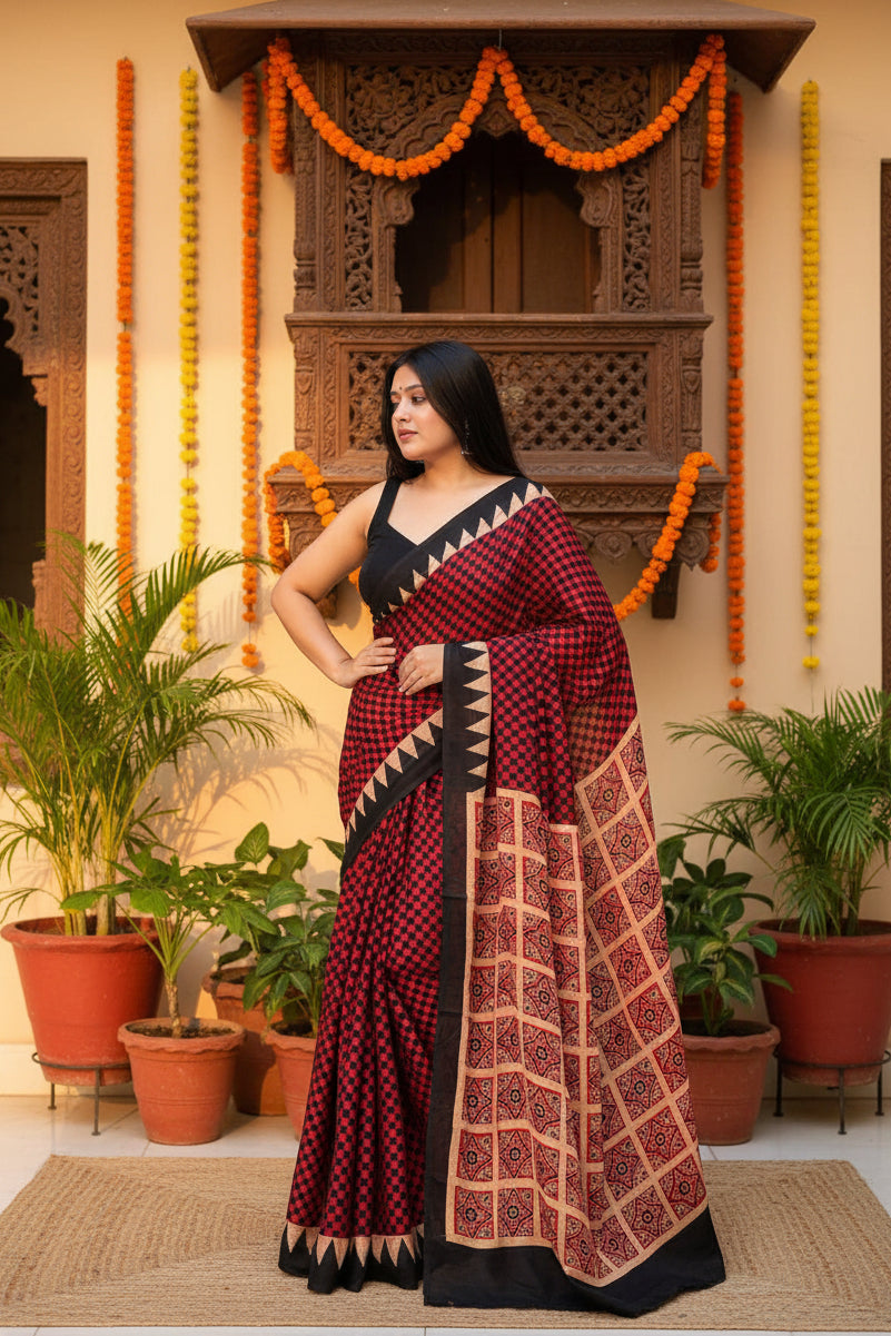 Muslin ajrakh digital printed saree with unstitched blouse(maroon)
