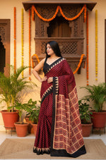 Load image into Gallery viewer, Muslin Ajrakh Digital Printed Saree With Unstitched Blouse(Maroon)
