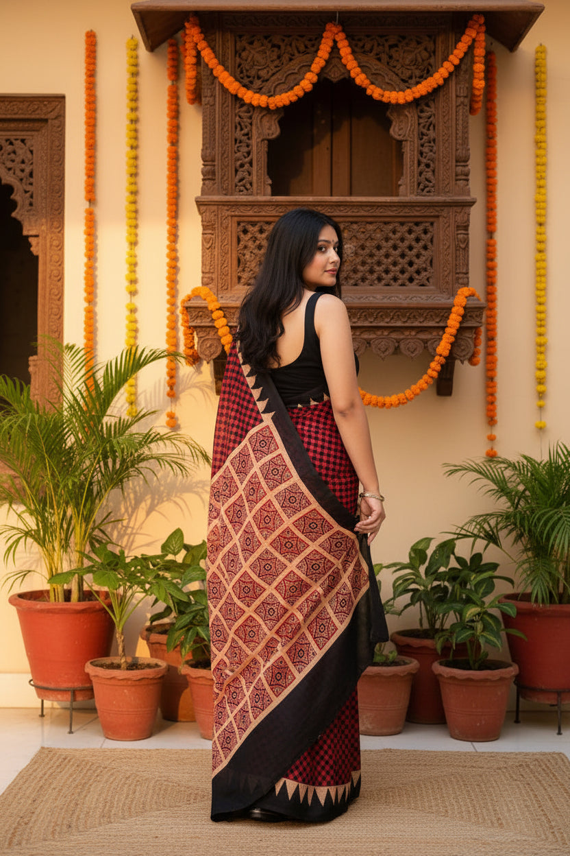 Muslin Ajrakh Digital Printed Saree With Unstitched Blouse(Maroon)