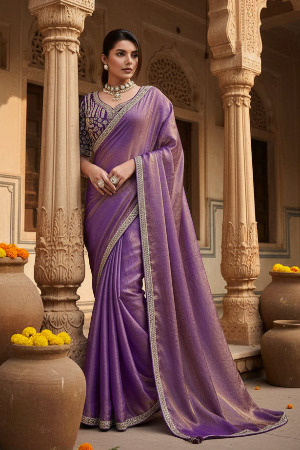 Premium Velvet Satin Party wear Saree With Unstitched Blouse(Purple)