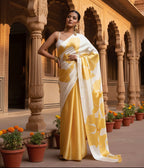 Japan Satin Printed Saree With unstitched Blouse(Yellow)