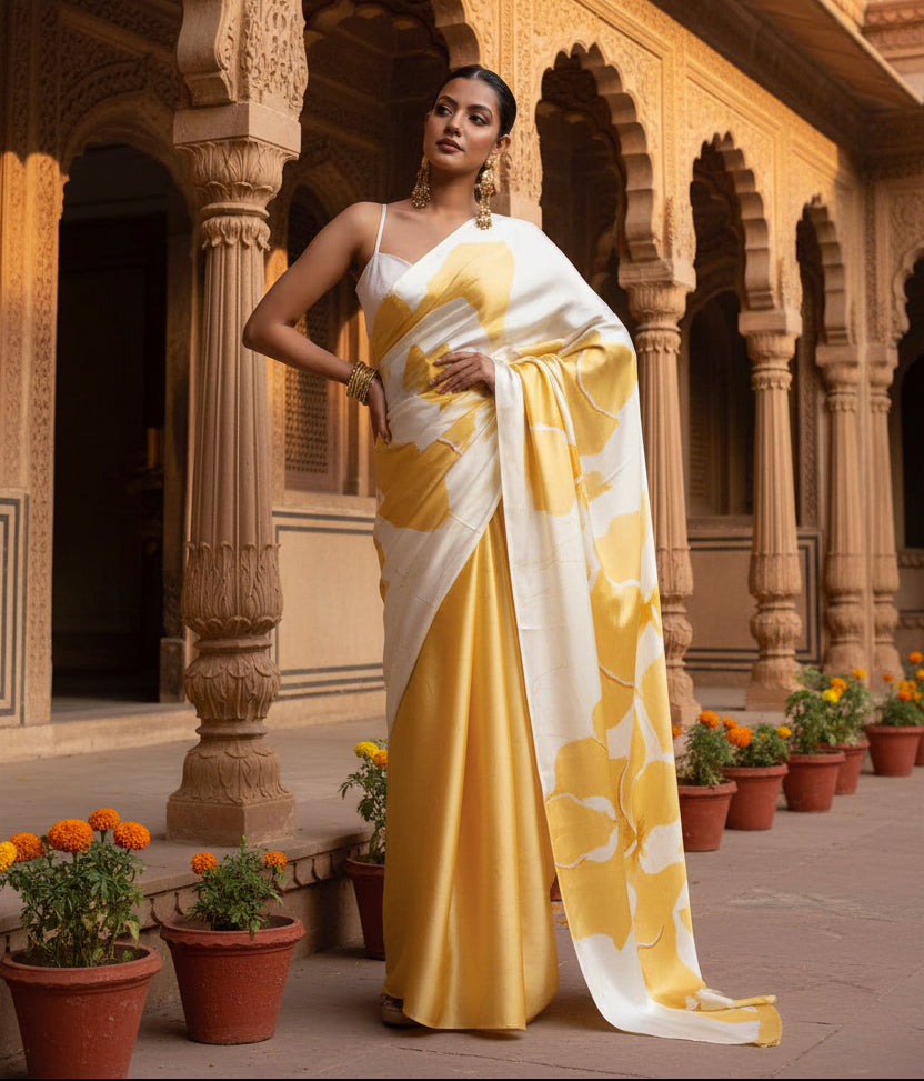 Japan Satin Printed Saree With unstitched Blouse(Yellow)