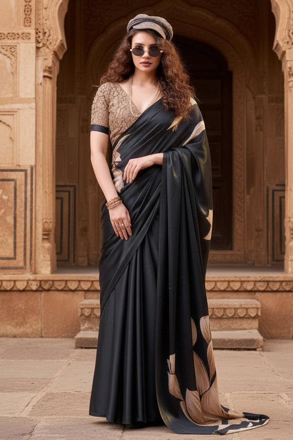 Stunning Satin Silk Floral Printed Saree With Unstitched Blouse(Black)