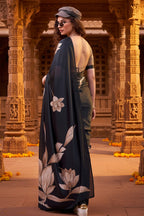 Stunning Satin Silk Floral Printed Saree With Unstitched Blouse(Black)