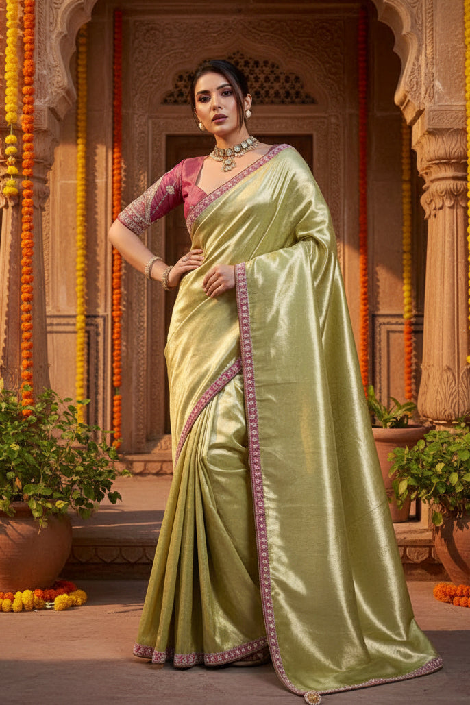 Soft Tissue Silk Sequins Work Saree With Unstitched Blouse(Green)